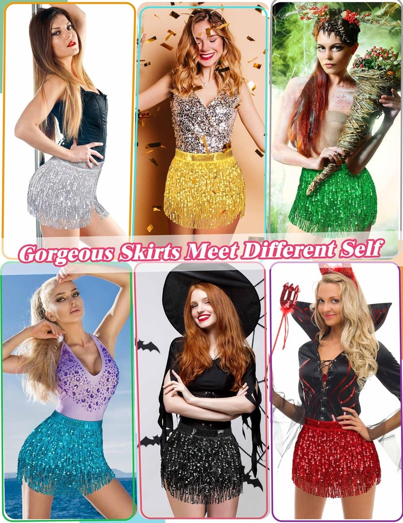 Sarfel Sequin Skirt Sparkly Skirt Belly Dance Skirt Glitter Skirt Rave Sparkle Skirt Sequin Tassel Skirt Fringe Hip Scarf Women - Image 3
